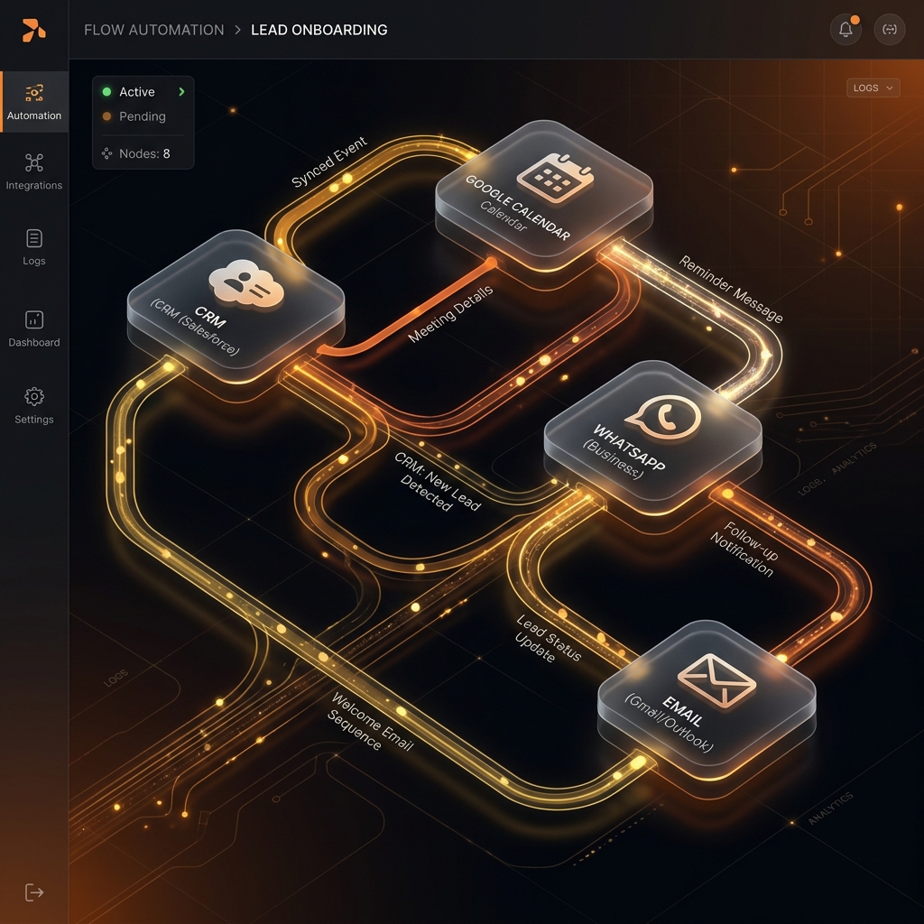 Workflow automation pipeline connecting CRM, calendar, and WhatsApp integrations